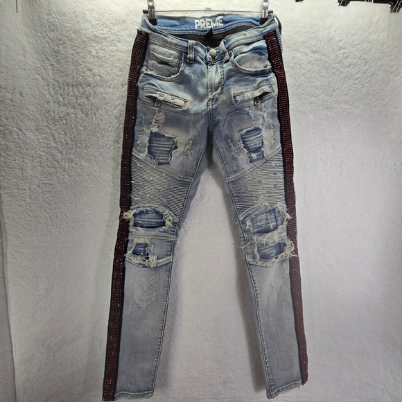 PREME Mens Jeans 28x31 Distressed Ripped Moto Biker Rhinestone Trim Slim Fit - Picture 1 of 11